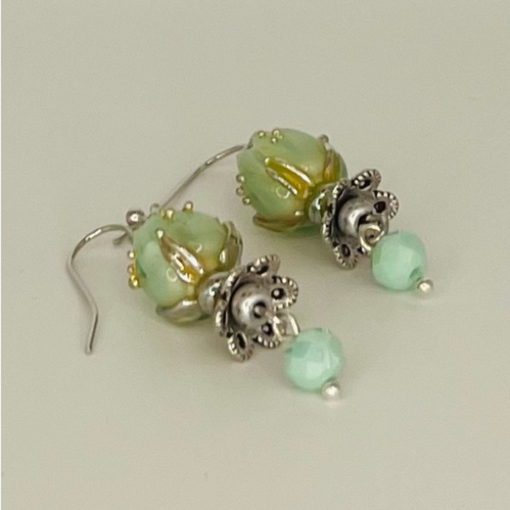 Green and Silver Tone Glass Tulip Earrings with Sterling Silver Ear Wires - Picture 2 of 3